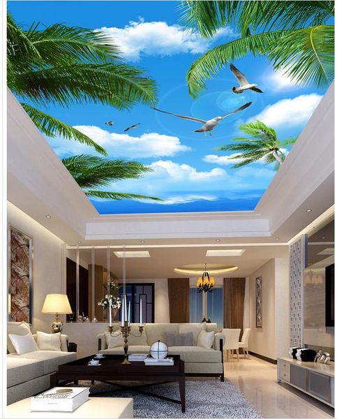 Personalizado 3D Teto Murais Papel de Parede Céu azul Árvores Mar Seabirds teto mural