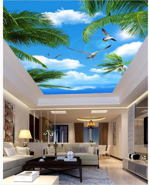 

custom 3d ceiling murals wallpaper blue sky sea trees seabirds ceiling mural