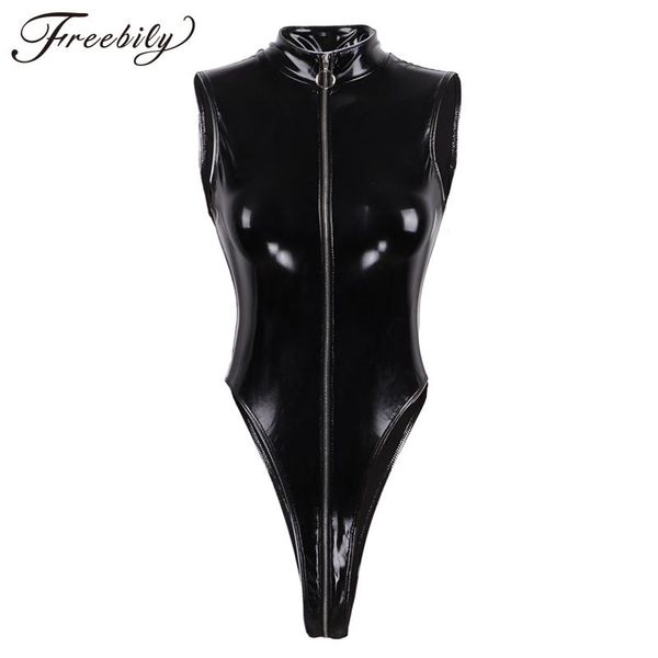 

pu leather bodysuit women sleeveless high cut zip up skinny rompers womens jumpsuit casual party bodycon bodysuits women's jumpsui, Black;white