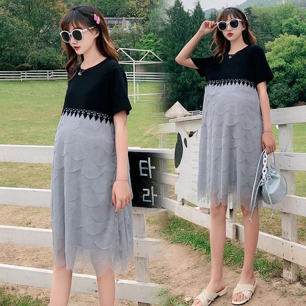 

8855# chic ins summer korean fashion patchwork maternity dress elegant a line slim clothes for pregnant women gauze pregnancy, White