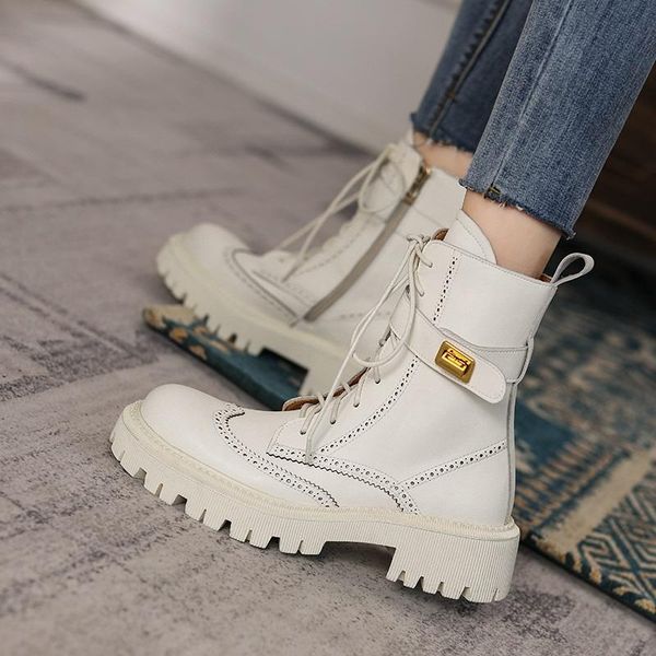 

boots chunky heels elegant winter ankle cow leather round toe bullock women shoes casual lace up ladies pumps size 34-39, Black