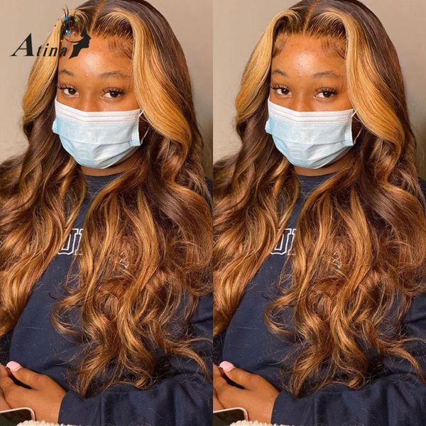 

ombre highlight colored 13x4 lace front human hair wig pre plucked wavy bleach knots hd swiss with baby atina wigs, Black;brown
