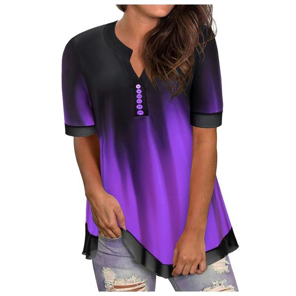 

women's blouses & shirts #q4 2021 summer v-neck gradient colorÂ short sleeve button tees casual loose pius size femmel blouse, White