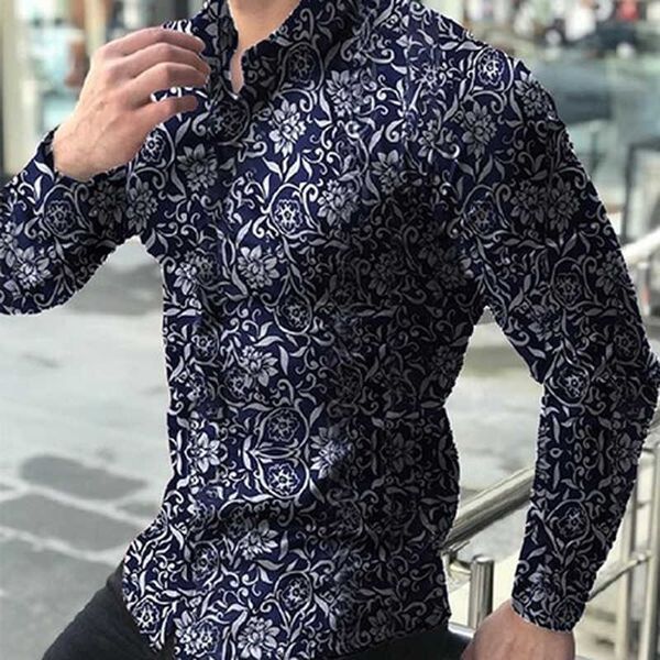 

fashion shirts for men long sleeve floral print shirt autumn dress camisa button lapels collar male turn down 210809, White;black