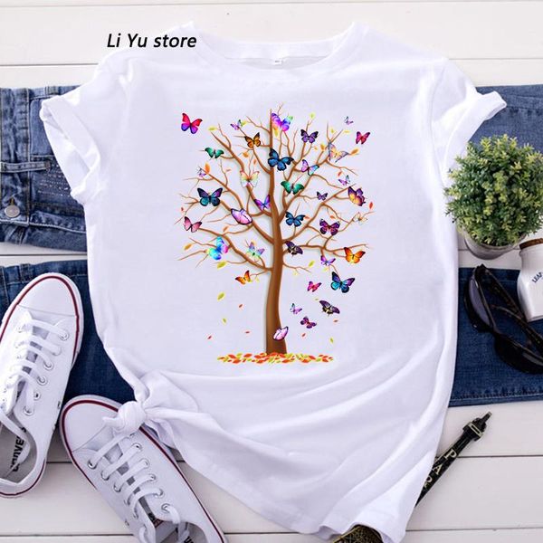 

women's t-shirt 2021 fashion trend woman butterfly tree print harajuku summer tshirts casual round neck short slee tee shirt, White