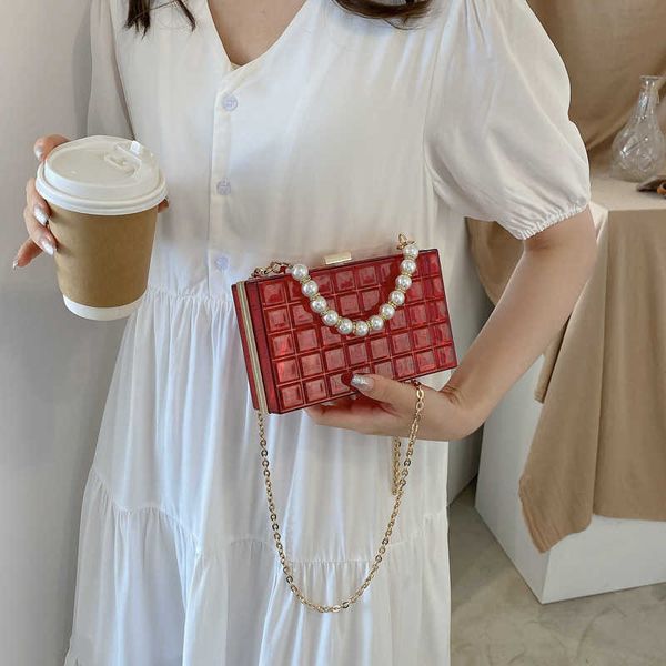 

female 2021 dinner bag fashion pearl handbag transparent pine pattern bag