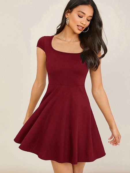 

scoop neck fit & flare dress s93n#, Black;gray