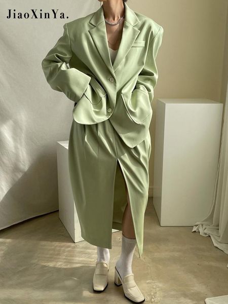 

two piece dress autumn korean women's office suit female set woman long sleeve oversized coat high waist split skirt 2 pieces, White
