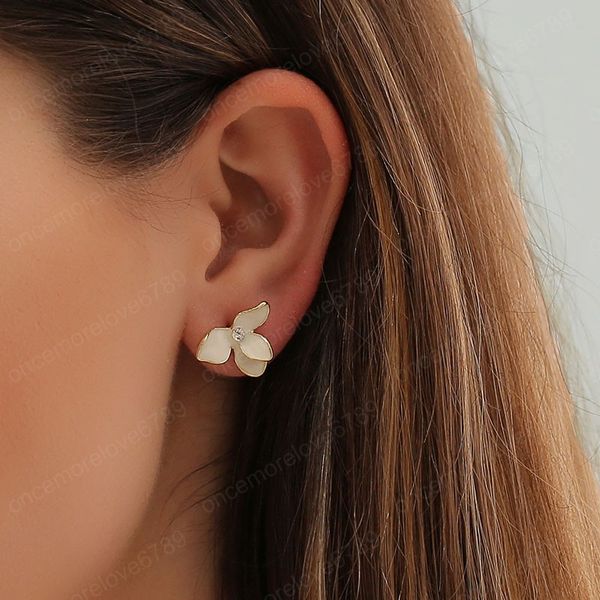 

fashion white flower stud earrings for women wedding anniversary female ear jewerly girlfriend gift piercing earring, Golden;silver