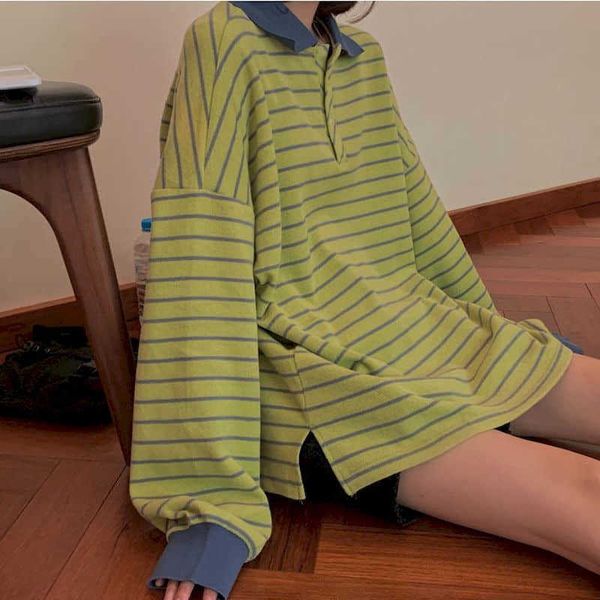 

cotton striped polo shirt collar long-sleeved t-shirt female students korean oversize loose spring autumn thin clothes 210526, White