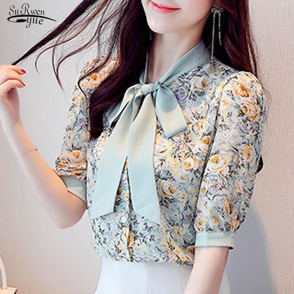 

chemisier femme summer elegant bow floral short sleeve chiffon blouse women korean loose slim ol 9543 210427, White