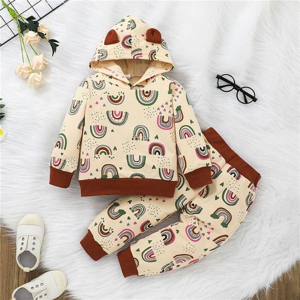 

clothing sets 2pcs toddler color block outfits, girls rainbow print long sleeve hooded sweatshirt +elastic waist trousers, 18months-6yea, White