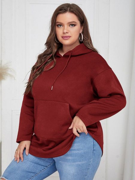 

plus drop shoulder kangaroo pocket drawstring thermal hoodie 957p#, Black