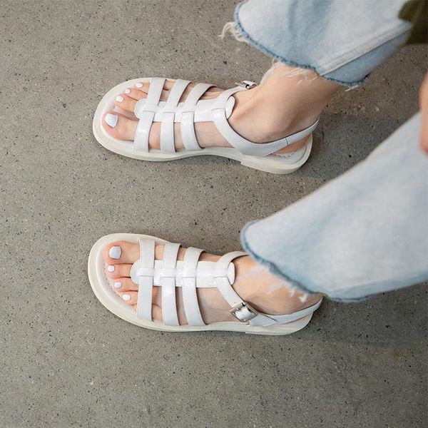 

sandals women fashion buckle strap leather gladiator platform casual thick heel summerhollow out roman shoes all-match, Black