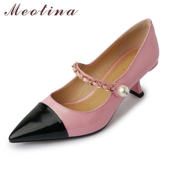

dress shoes meotina stiletto heels mary janes cow leather high heel pumps pearl pointed toe elegant chain lady footwear 2021, Black