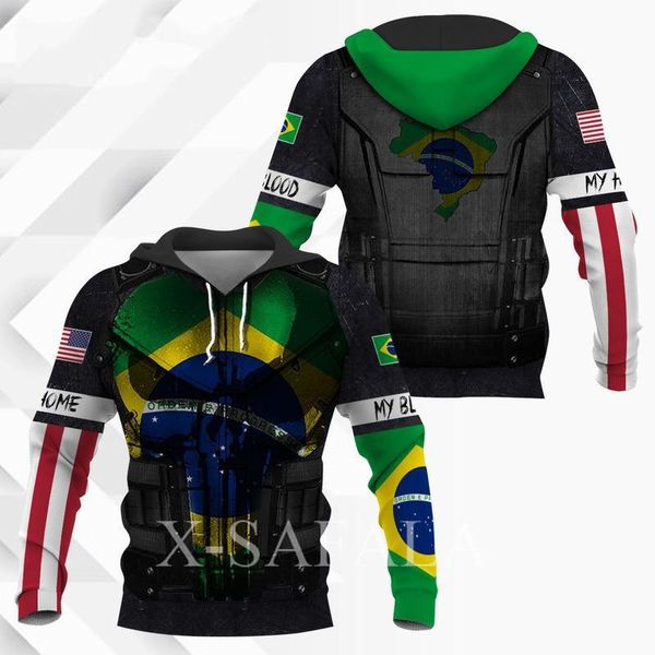 

men's hoodies & sweatshirts brazil country map flag skull 3d printed hoodie man female zipper pullover sweatshirt hooded jersey streetw, Black