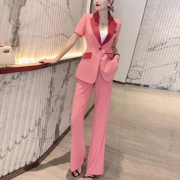 

women's two piece pants women 2021 summer fashion pant suit female single button short sleeve notched blazer jacket & office wear sets, White