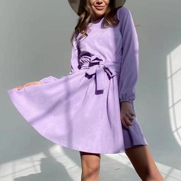 

casual dresses autumn office ladies mini dress elegant long sleeve winter vintage women fashion simple solid lace-up belt party, Black;gray