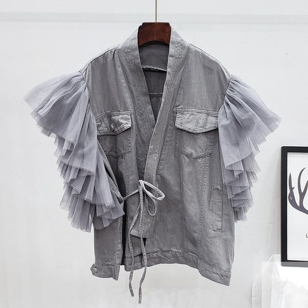 

jacket fashion gray denim women cardigan splice net yarn waistcoat sleeveless jacket coat oversized loose short jeans vest female, Black;brown