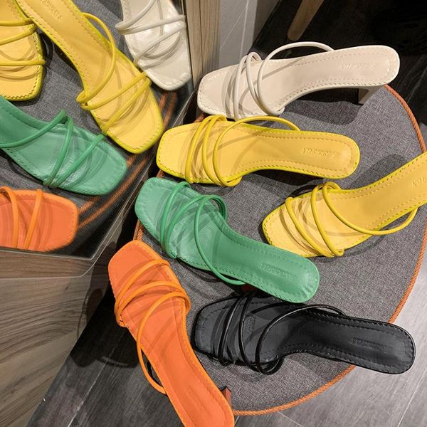 

yellow green summer women square toe sandals ladies snake print strappy mules 6cm high heels slippers female fashion woman shoes, Black