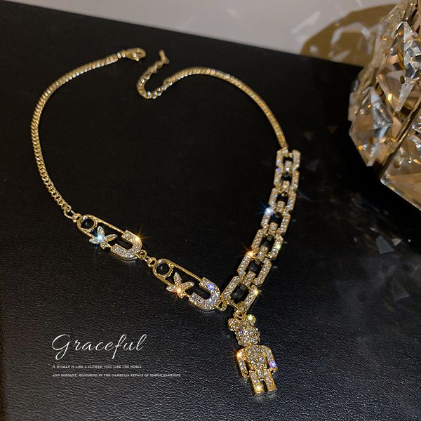 

chain women pendants korean east gate simple full diamond necklace cute little bear personality temperament design sense of collar, Silver