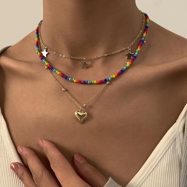 

chokers fashion bohemian multicolor acrylic beaded necklaces for women girls star heart pendant layered choker chains 2021, Golden;silver