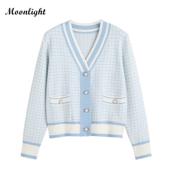 

women's knits & tees autumn vintage knitted cardigans women v-neck plaid sweater coat korean casual button cropped jacket loose knitwea, White