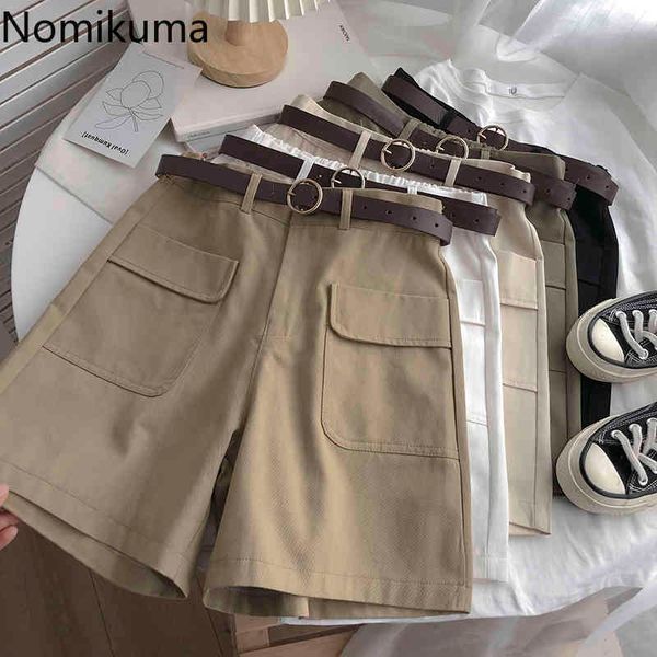 

nomikuma korean vintage wide leg shorts women unicolor high waist short pants lady casual loose pantalones streetwear with belt 210514, White;black