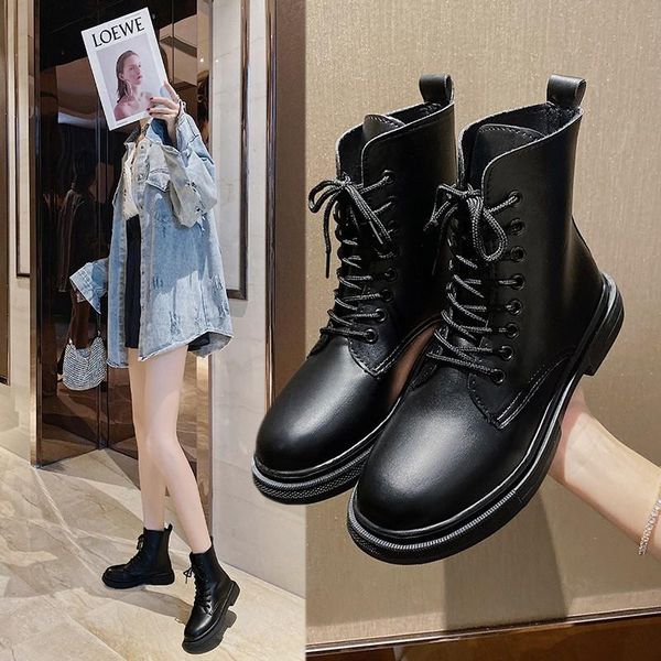 

boots 2021 motorcycle women's winter soft leather shoes black botas female lace up platforms keep warm women mujer