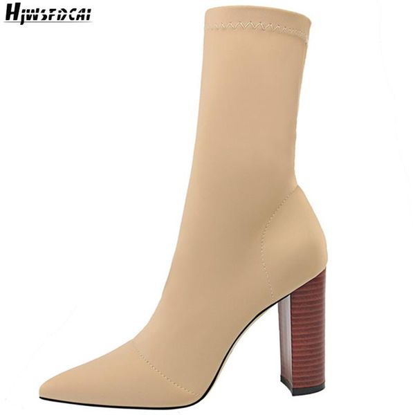 

boots hjwsfdcai wood grain women chunky heel high short stretch slim ladies nightclub party shoes flock mujer shoe, Black