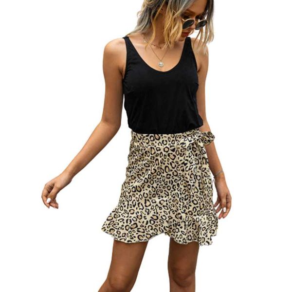 

skirts women summer ruffled bohemian high waist leopard print beach short mini skirt bandage bowknot faldas mujer moda 2021, Black