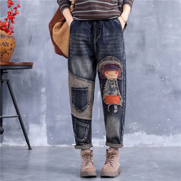 

jean spring autumn arts style women cartoon embroidery patchwork loose vintage jeans all-matched casual denim harem pants s977 x6t8, Blue