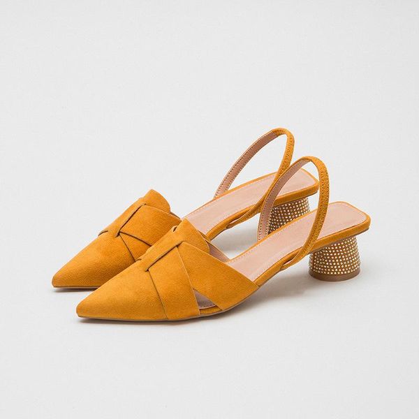 

dress shoes 2021 spring summer women's suede slingbacks pointed toe round heel with crystal fashion sandals, Black