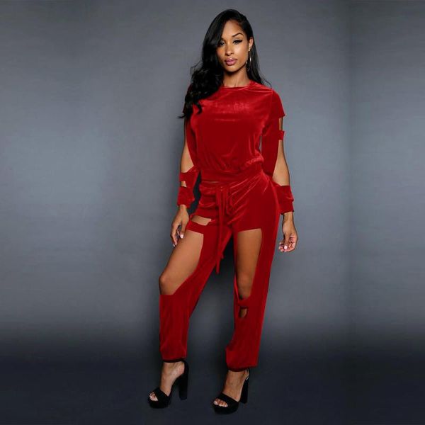 

women's two piece pants casual solid velvet women set hollow out o neck long sleeve lace up bandage tracksuit night club outwear, White