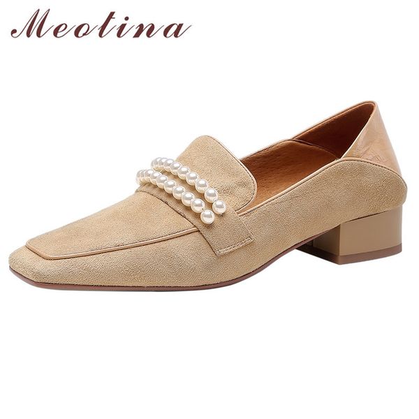 

meotina genuine leather mid heel pumps women kid suede block heels shoes pearl square toe slip on dress footwear spring black 210520