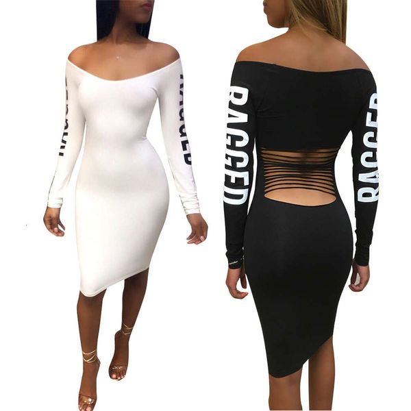 

2019 new fashion women's english letter long sleeve dress, White