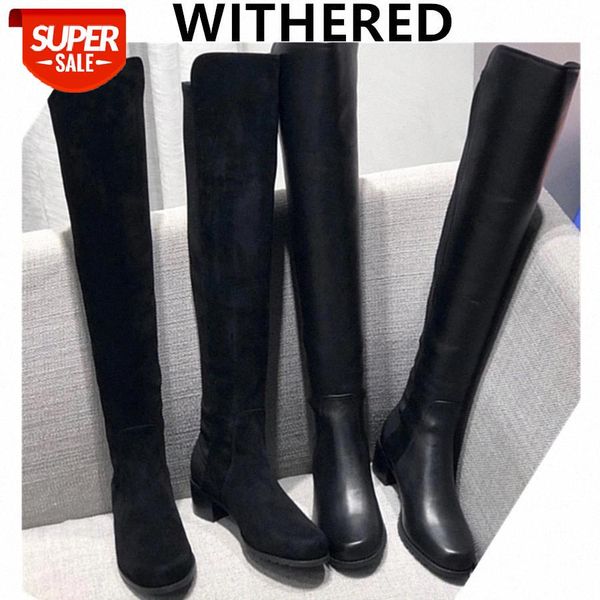 

withered winter boots women ins blogger england simple elastic real leather high-knee boot shoes woman botas mujer shoes women #cp79, Black