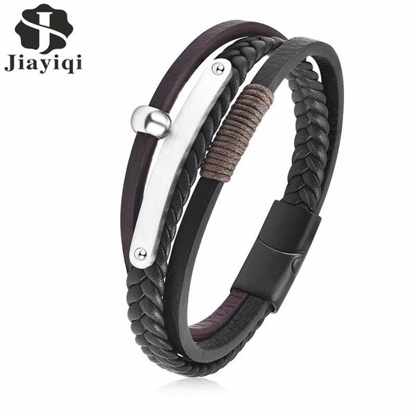 

charm bracelets jiayiqi fashion multilayer genuine leather bracelet for men jewelry stainless steel magnetic clasp punk braid bangle male gi, Golden;silver