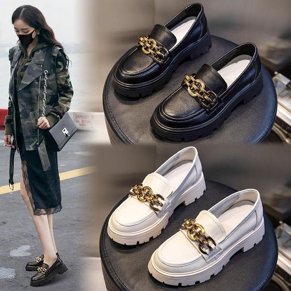 

dress shoes sovimivos metal chain loafers women cow leather chunky slip on round toe autumn female jagged sole flats handmade, Black