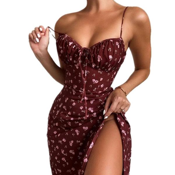 

casual dresses women floral print backless beach high waist party split spaghetti draped lace up strap dress summer midi, Black;gray