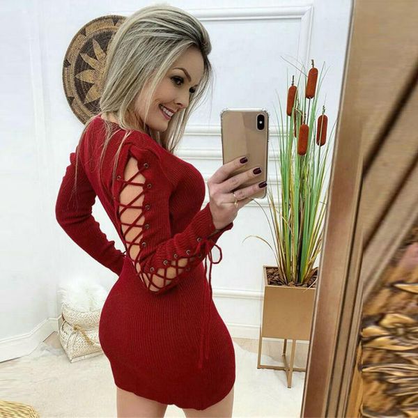 

casual dresses fashion women strap solid color round neck long sleeve dress lacing hollow out patchwork middle waist ladies, Black;gray