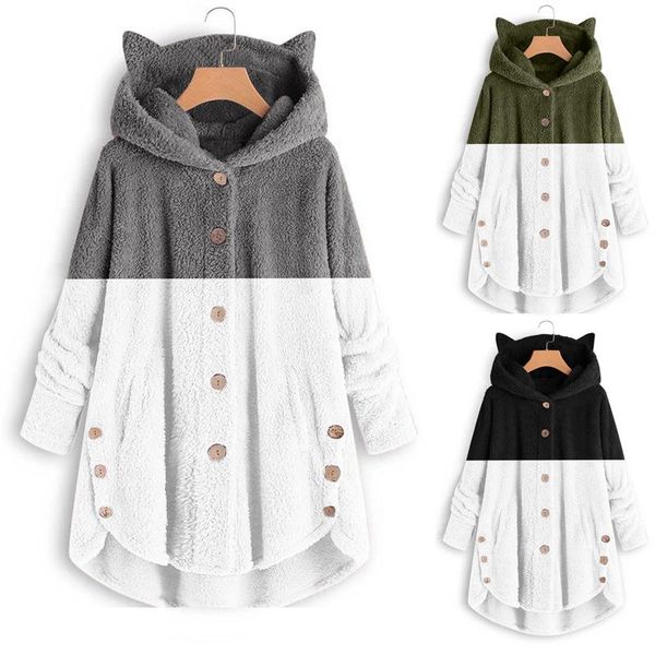 

women's hoodies & sweatshirts winter clothes warm women patchwork button cat ears hooded streetwear sweatshirt fleece oversize plus si, Black