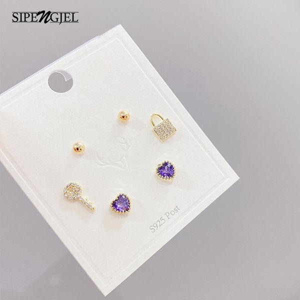 

hoop & huggie sipengjel fashion cubic zircon heart stud earrings sets cute lock and key for women wedding jewelry, Golden;silver