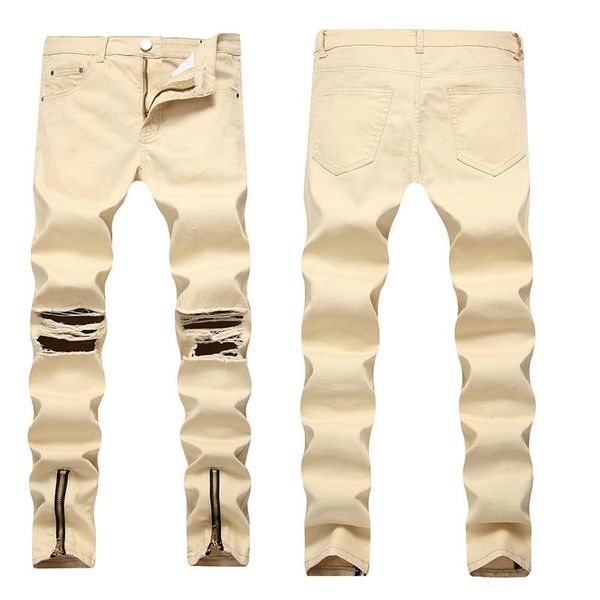 

men's jeans color ripped trendy brand trousers slim beggar pants with small feet korean style, Blue
