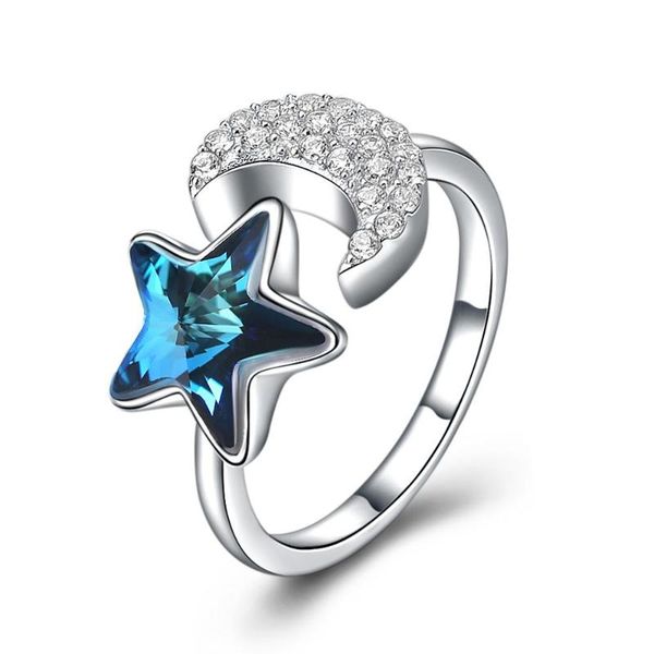 

cluster rings fashion women 925 serling silver crystals from open ring star and moon female fine jewelry birthday gifts, Golden;silver
