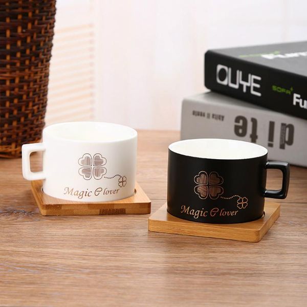 

pcs magic four leaf clover trace gold coffee mug with tray set cafe friends lover pair espresso cup bamboo hoder koffie kopjes mugs