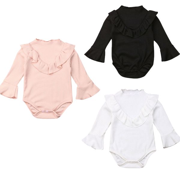 

cute newborn baby boy girls jumpsuit ruffles long sleeve solid autumn bodysuit clothes outfits 0-18m, White