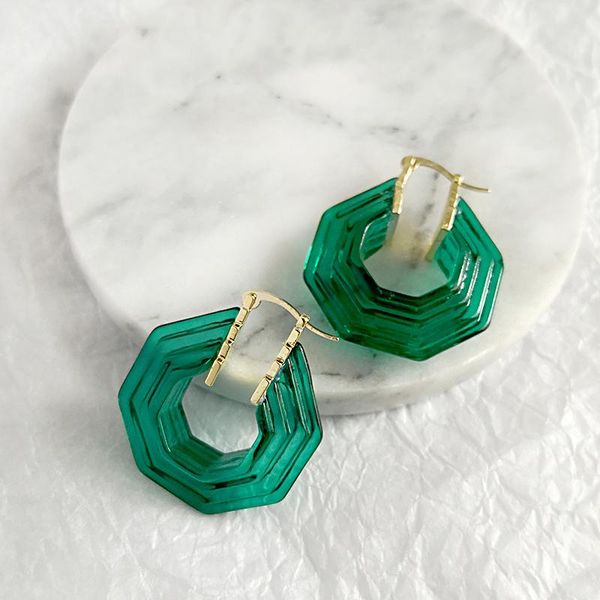 

hoop & huggie vintage gold color metal brass hollow out acrylic green geometry resin earrings for women girls korean fashion jewelry, Golden;silver