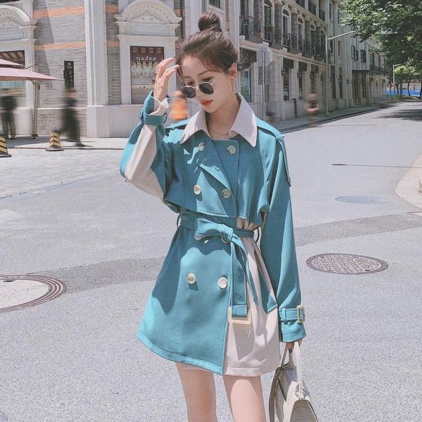 

women's trench coats 2021 women autumn coat with belt turn down collar color patchwork femme casaco abrigo streetwear, Tan;black