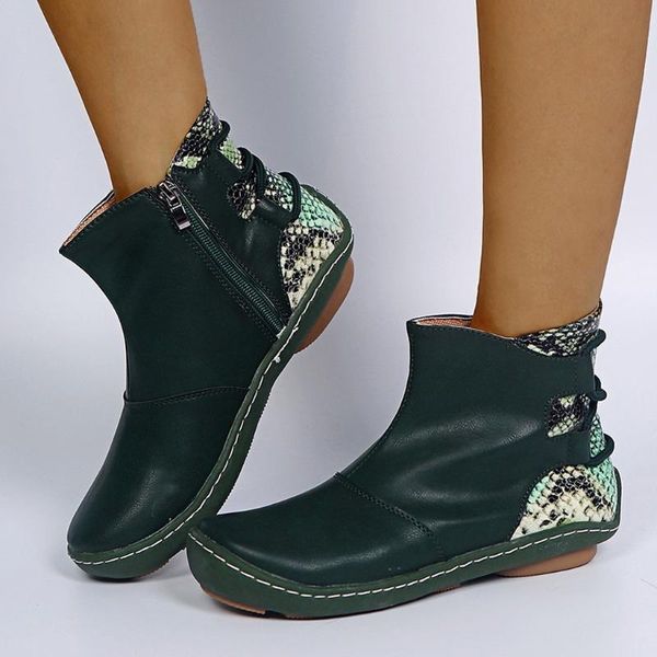 

boots retro ladies short pu leather ankle warm winter flat bottom lace up snake print round toe shoes, Black
